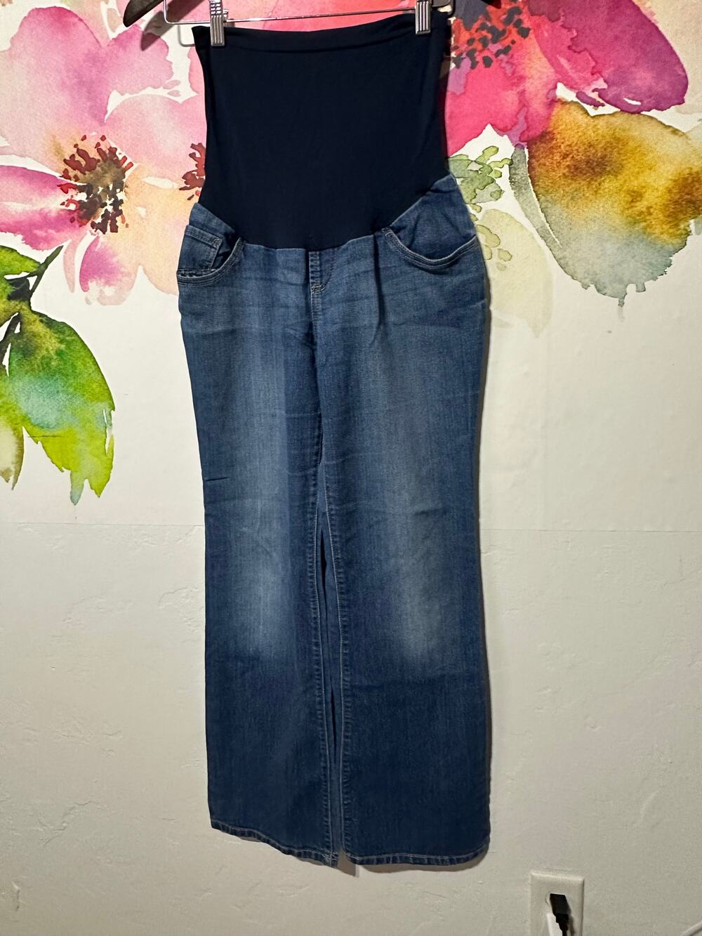 Indigo Blue Maternity Jeans Medium Stretch Straight Pull On Full Belly Panel